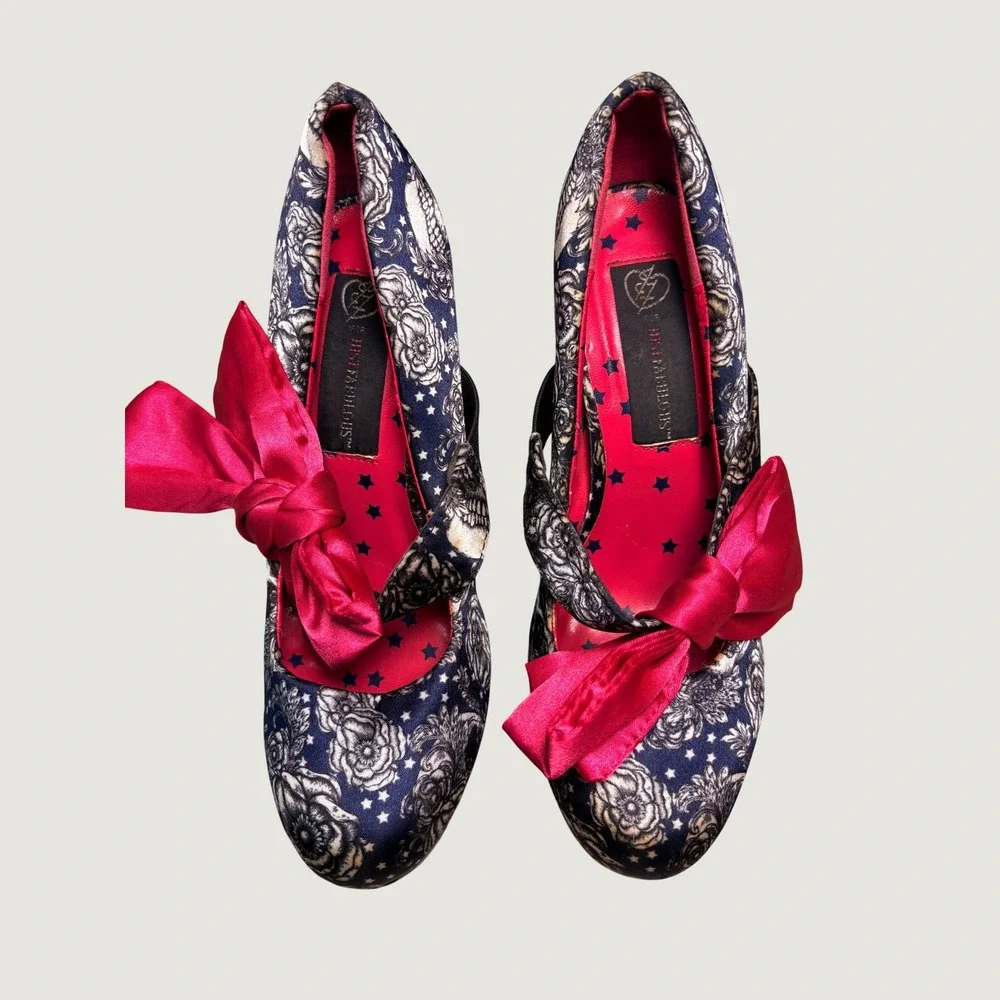 Y2K Iron Fist Floral Skull Print Platform Scene Pumps Bow Stiletto Heels